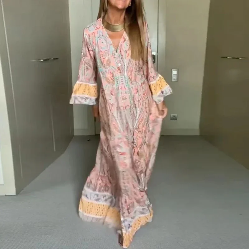 Robe Boho Chic Faite Main Au Népal - 100% Coton, Style Hippie Naturel - Gris Multicolore