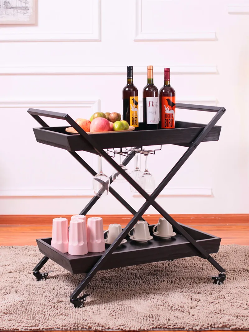 Retro Solid Wood Wrought Iron Dining Car, Hotel KTV Wine Service Car, Mobile Home Dining Tray Storage, Restaurant Trolley