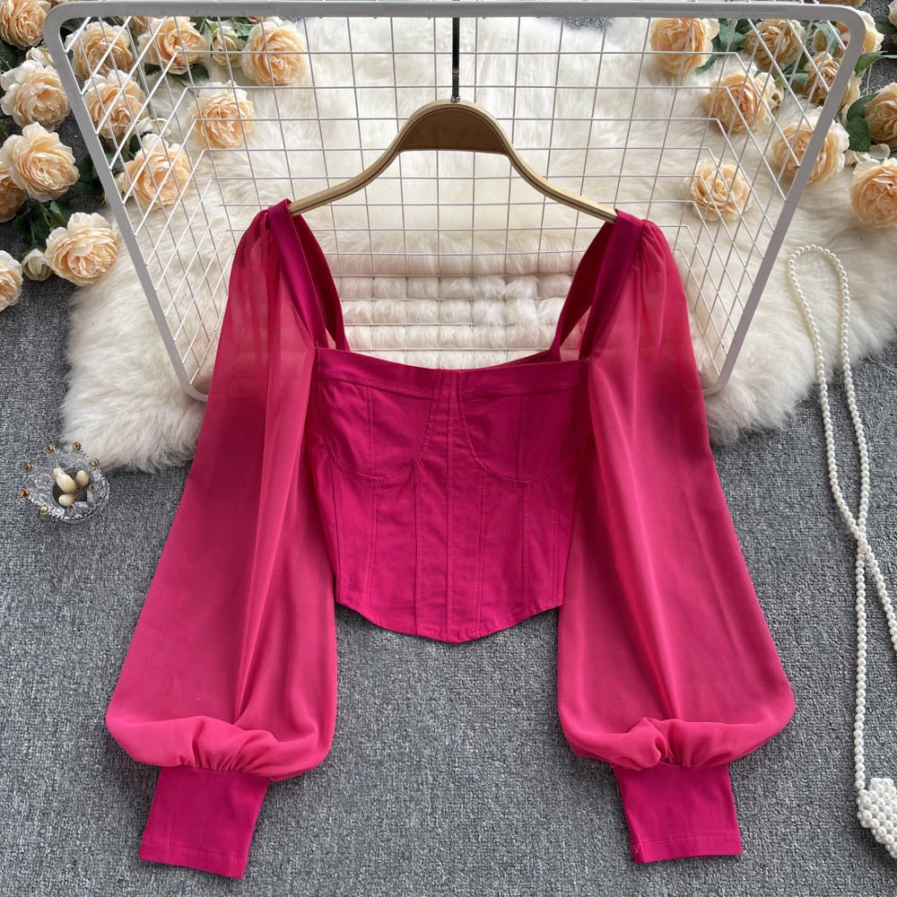 

Women 2022 Spring Autumn New Fashion Square Collar Slim Stitching Chiffon Long Sleeve Shirt Solid Color Blouse Tops F295