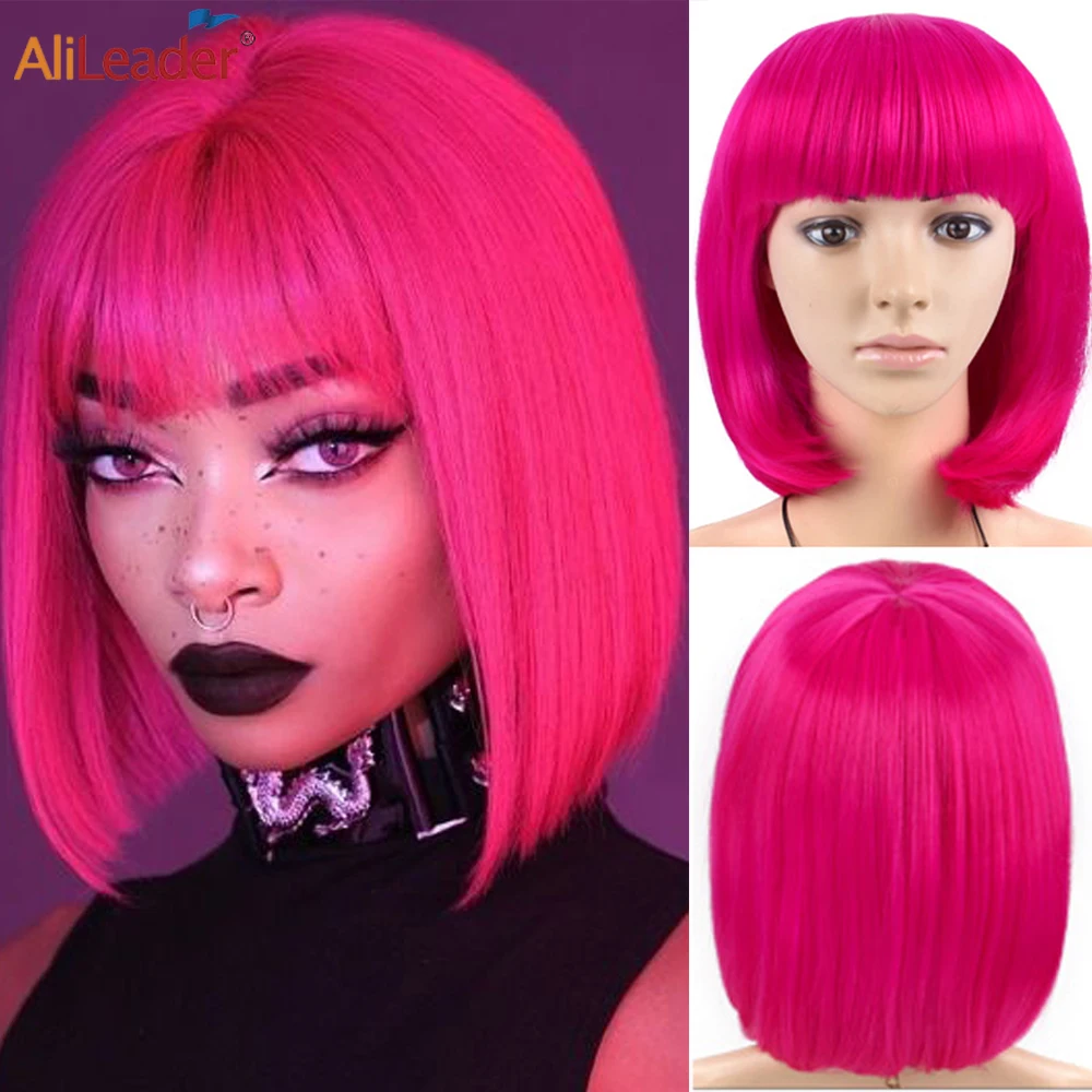 Cheaper Cosplay Wigs Short Straight Bob Wigs With Bangs Pink Purple Yellow Party Cap For Women Girl Glueless Lolita Wig