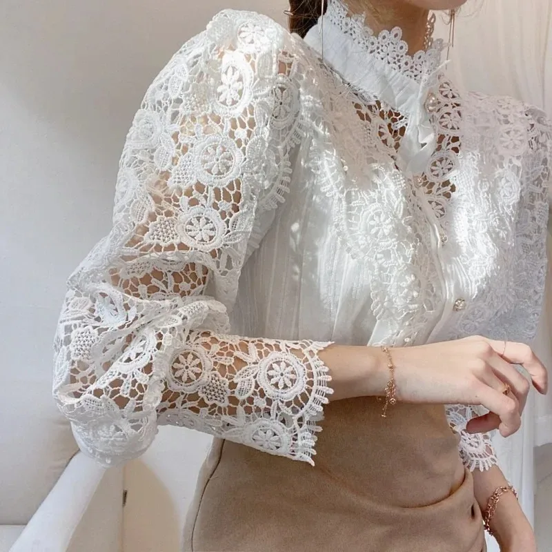 Spring Autumn Hollow Out Lace Blouse Women Chic Button Vintage Shirt Stand Collar Tops All-match Long Puff Sleeve Clothes 12419