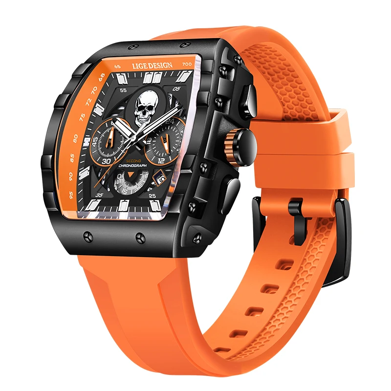 LIGE Fashion Silicone Men\'s Watches Skeleton Skull Big Dial Military Watch Men Chronograph Quartz Wrist Watch for Men Date Clock