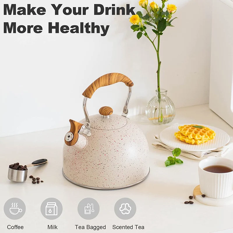 

2.6 Quart/2.5 L Whistling Tea Kettle Stainless Steel Tea Pots for Stove Top Stylish Kettle with Wood Pattern Anti-slip Handle