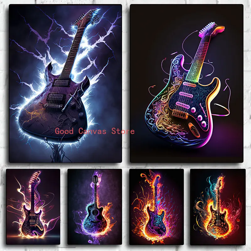 ★アウトレット★ パネルアート Fire guitar デジタルプリントアート Guitar Fire Posters Electric Guitar Neon Guitar Canvas
