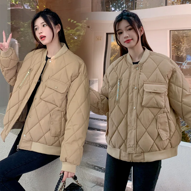 

Baseball uniform zipper casual diamond jacket down cotton jacket new women's autumn and winter loose long sleeve jacket