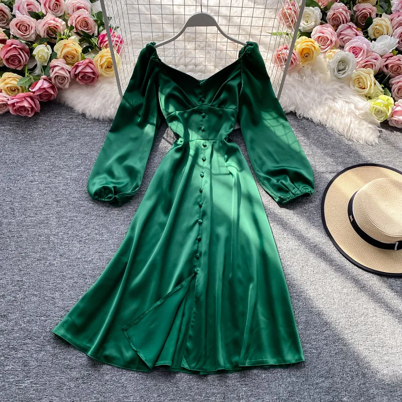 

2023 Autumn New Korean Style Light Mature Wind Smart Smoke French Kikyo Mid Length Slim Fit and Slim V-neck Dress for Women