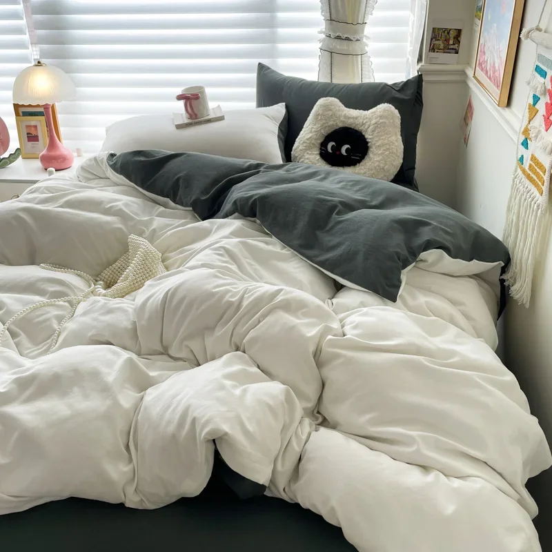 Cotton Bed Linen Solid Bedding Set with Sheet Duvet Cover Pillowcases Single Couple Bedsheet King Queen Double Twin Size 2