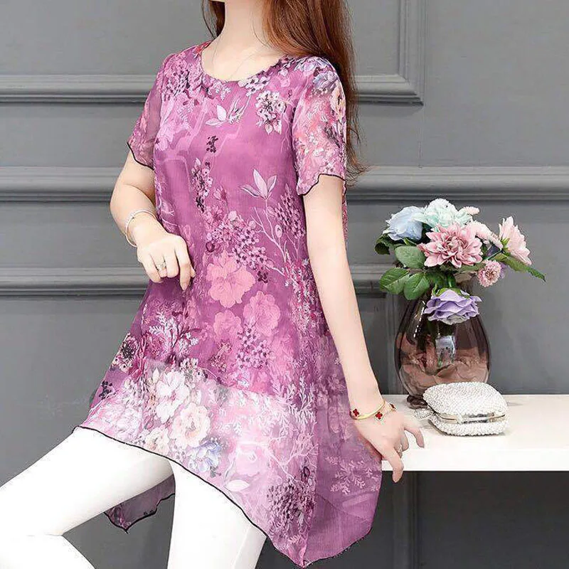 

Elegant Floral Printed Irregular Solid Chiffon Thin Blouses Summer Round Neck Women's Short Sleeve Top Casual Vintage Shirt 5XL