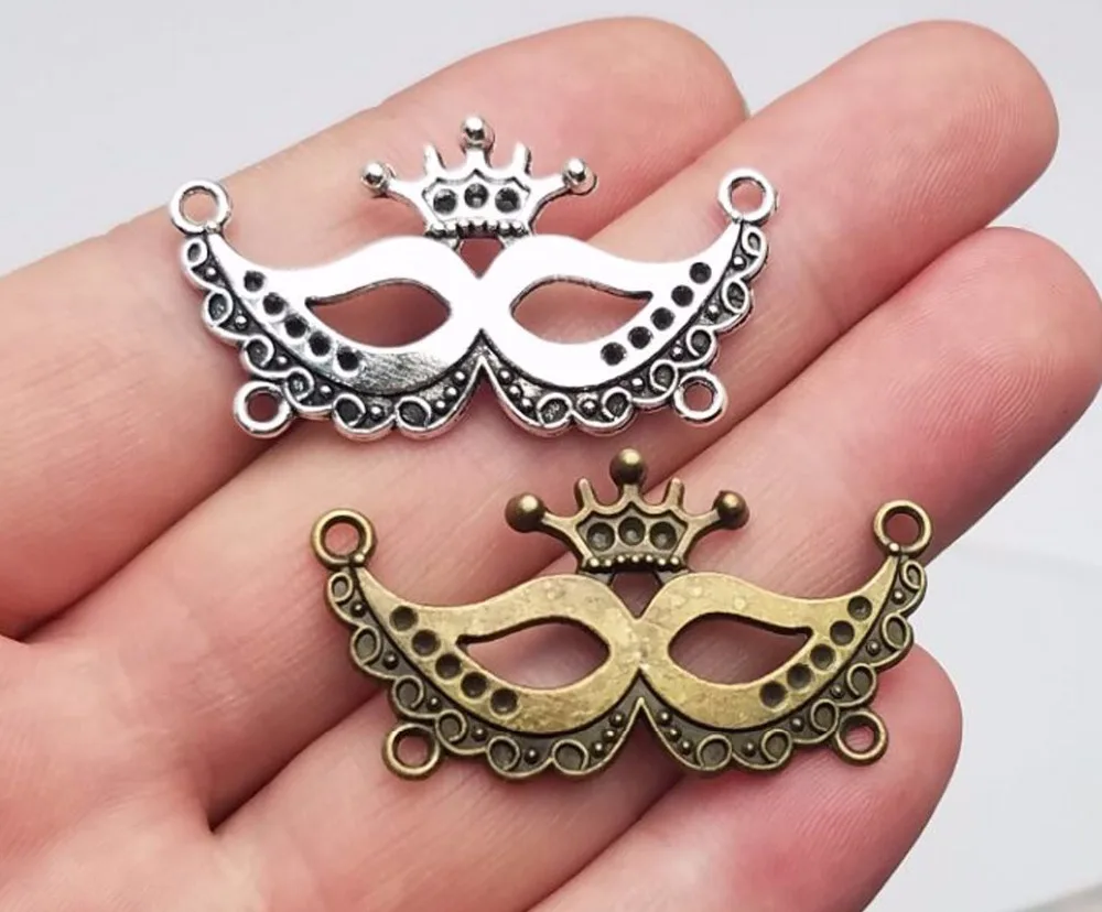 15pcs/lot--37x21mm Antique Bronze/Silver Plated Queen Mask Connector Charms Mardi Gras Pendants DIY Supplies Jewelry Accessories