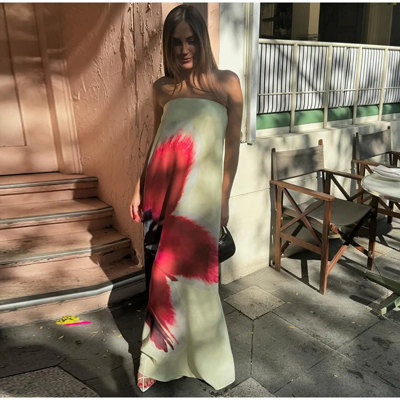 Sexy Floral Printed Strapless Long Dresses Women Loose Off The Shoulder Sleeveless Beach Dress 2025 Summer Lady Vacation Robes