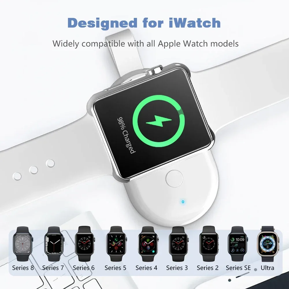 Portable Magnetic Watch Wireless Charger For Apple Watch iWatch 9 8 UItral 7 6 5 4 3 SE 1100mAh Battery Inside Fast USB Charging