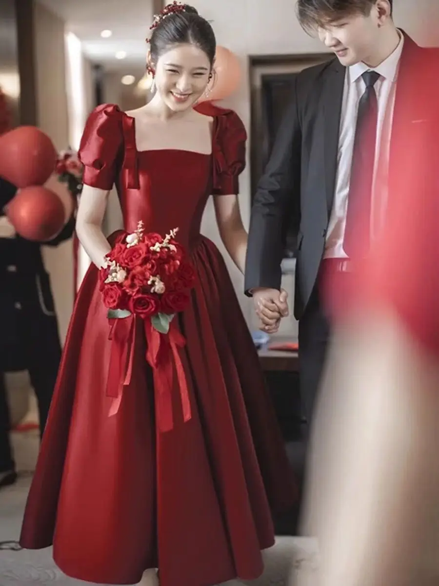 New wine short sleeve lady girl women princess prom evening performance party ball dress gown