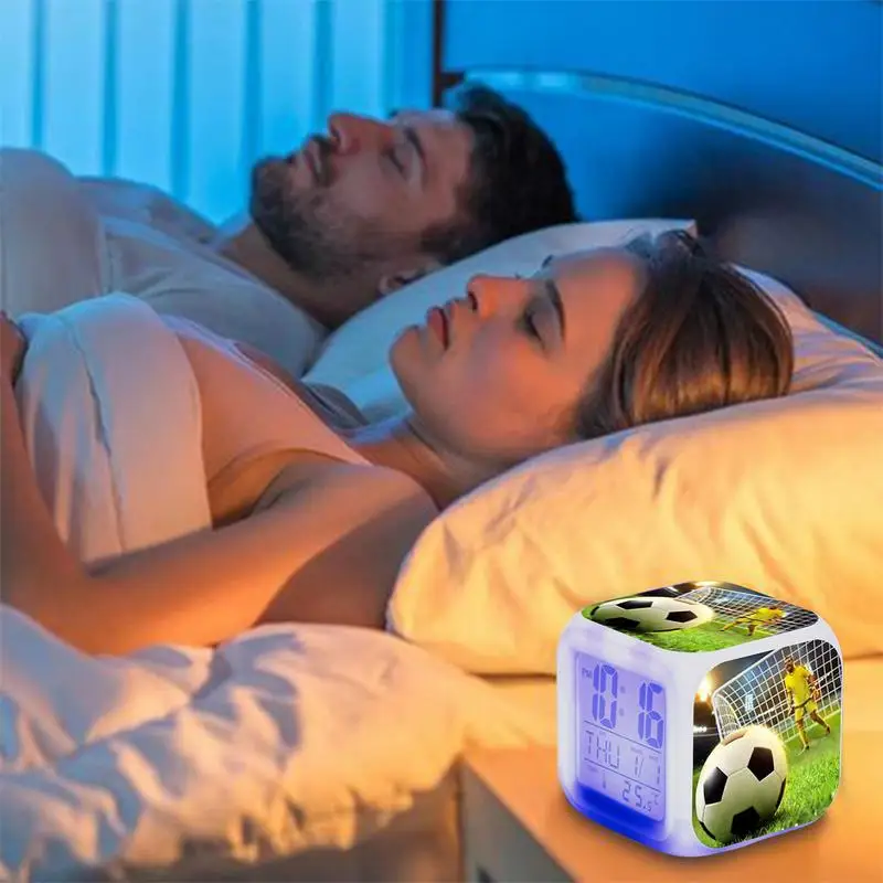 

Cube Alarm Clock Color Changing Led Desk Clock Digital With Football Patterns ForBedroom Bedside Desk Black Youth Football Lover
