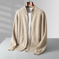 Autumn winter new 100% merino wool thick coat men's shirt semi-high neck knitted zipper cardigan leisure business shirt warm top 1