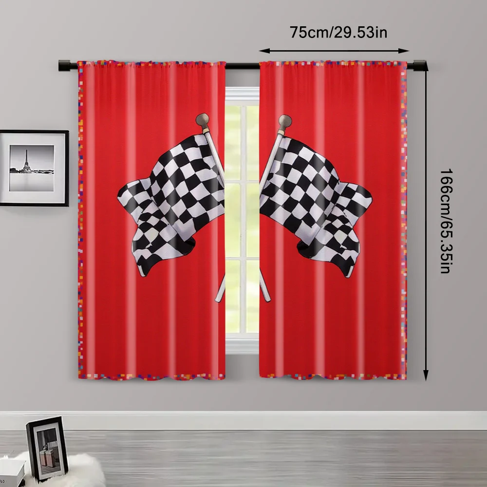 2pcs, Curtains Roller Blinds Race Flag Checkered Versatile Polyester (without rod) Decorations For Home Ldeal for Living Room, 3