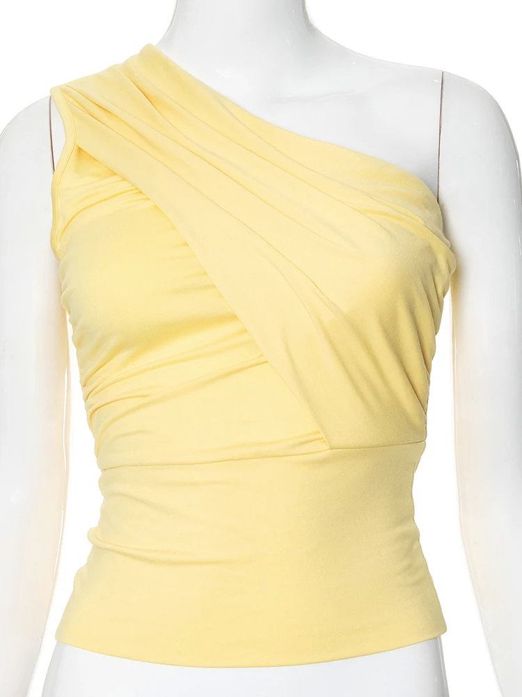 Incline Shoulder Vests Women Solid Concise Summer Stacked Ruched Slim Crop Tanks Female Basic Street Holiday Wild Tops