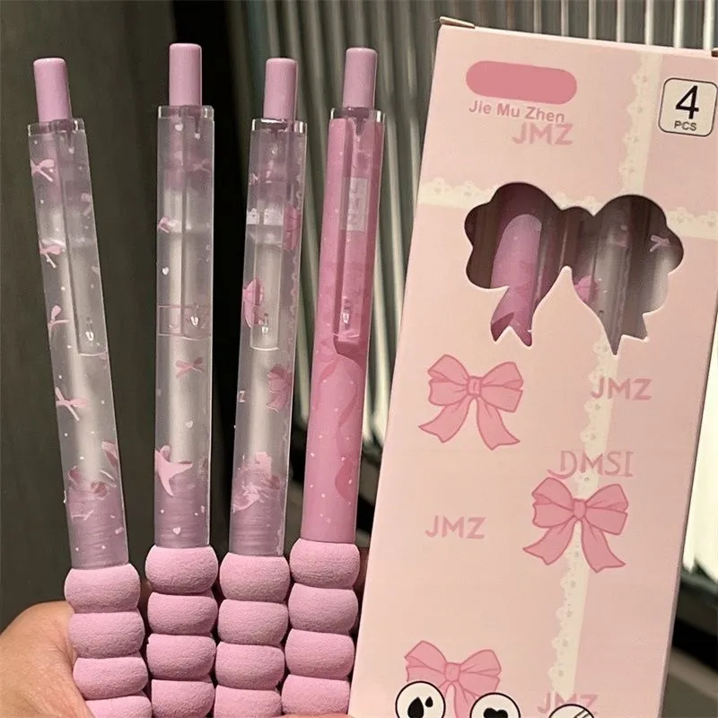 Set of 4 Kawaii Bowknot Retractable Gel Pens - Black Ink, 0.5mm, Smooth Writing Office & School Stationery Supplies