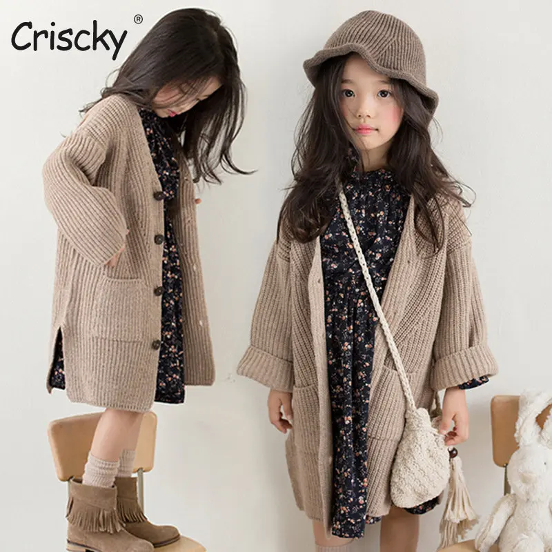 Criscky 2022 New Kids Clothes Single Breast Girls Cardigans Sweater Long Style England Style Cardigans Knitted Sweater Winter