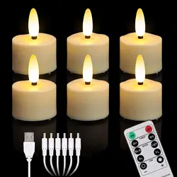 Pack of 6 Remote Controlled w/Timer Led Tea Light USB Rechargeable Tealight Warm White 3D Wick flickering Candle Lamp Party Deco