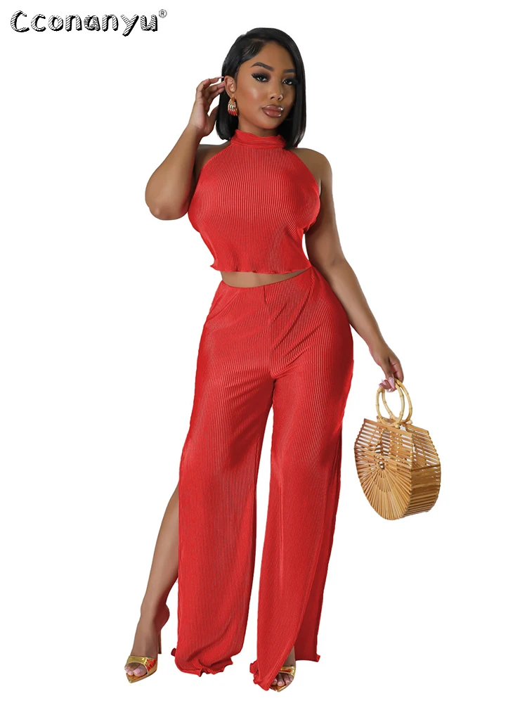 

Summer Two Piece Sets Womens Backless Lace-up Sleeveless Slit Crop Top Ruffle Wide Leg Pant Suit Romper Festival Outfit 2023