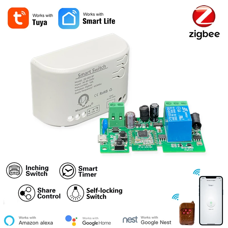 Smart Zigbee 1 Channel 85-250v Inching Switch Module With RF433 Remote ...