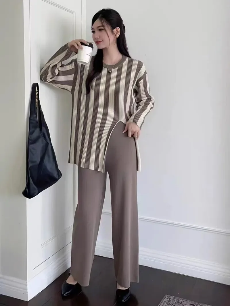 Striped Knitwear Fashion 2 Piece-Set For Women Contrast Long Sleeve Split Straight Trousers Outfits Women's Pants Sets