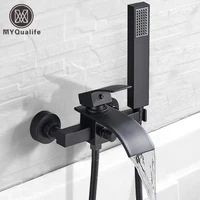 Black Bathroom Tub Faucet Single Handle Waterfall Spout Mixer Tap with Hand Shower Wall Mounted Gold Bath Faucets Bathtub Tap 1