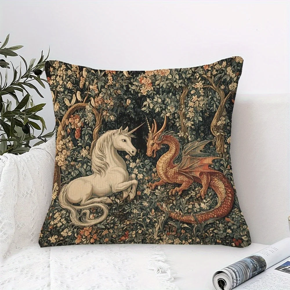 1pc 유니콘과 드래곤 중세 스타일 쿠션 커버, 2D 양면 인쇄 소프트 폴리에스터..