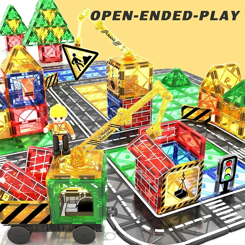 Magnetic Tiles Road Car Games Kids Toys Construction Set Connected Building Blocks STEM Activities Learning Open-ended Toys Boys magnetic building blocks magnetic assembly toy