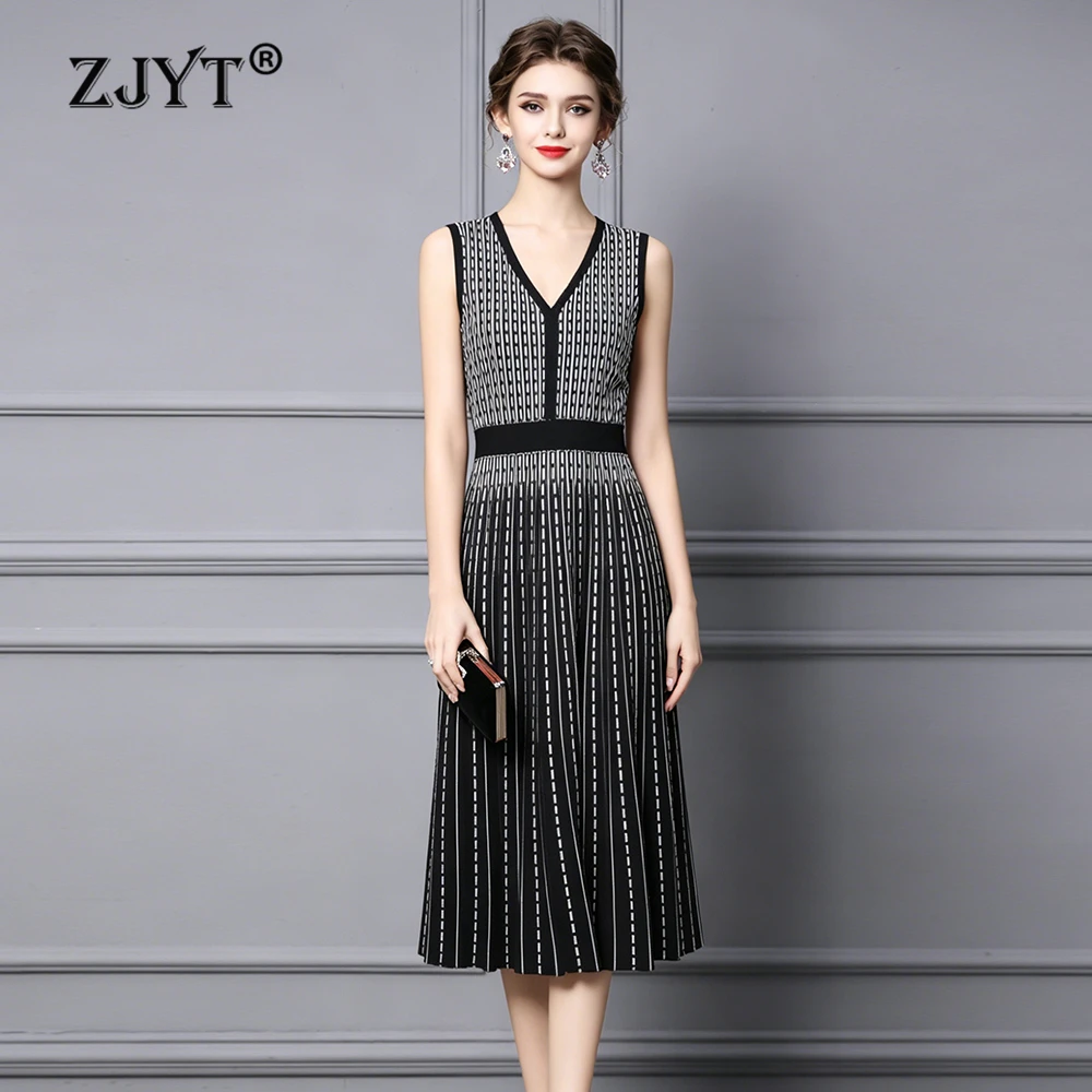 ZJYT Summer New 2026 Fashion Knitted Sweater Dresses for Women Sleeveless V Neck Striped Vintage Mid Calf Tank Dress Black Blue