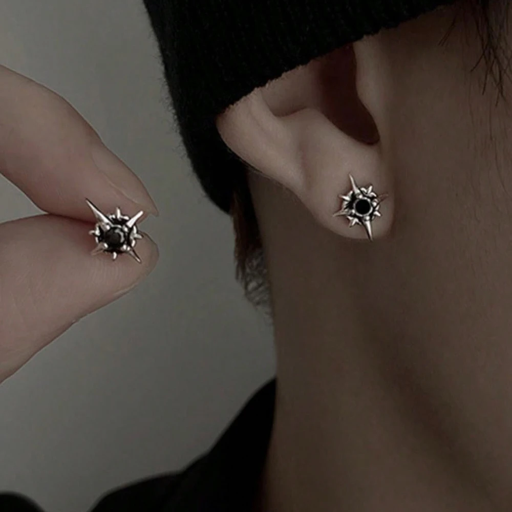 CZ Metal Star Earring Stud For Men Women Hip Hop Style Antique Silver Color Start Clear Crystal Couple Post Earrings