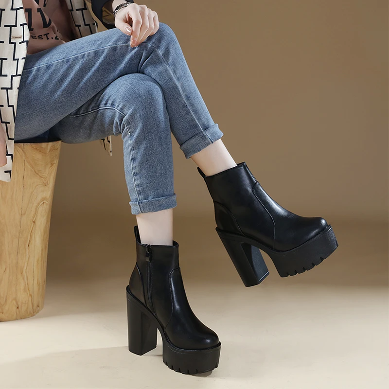 2023 Brand Design Ankle Boots Round Toe Thick High Heel Women Boots Leather Zapatos Mujer Fashion Autumn Women Shoes Botas Mujer