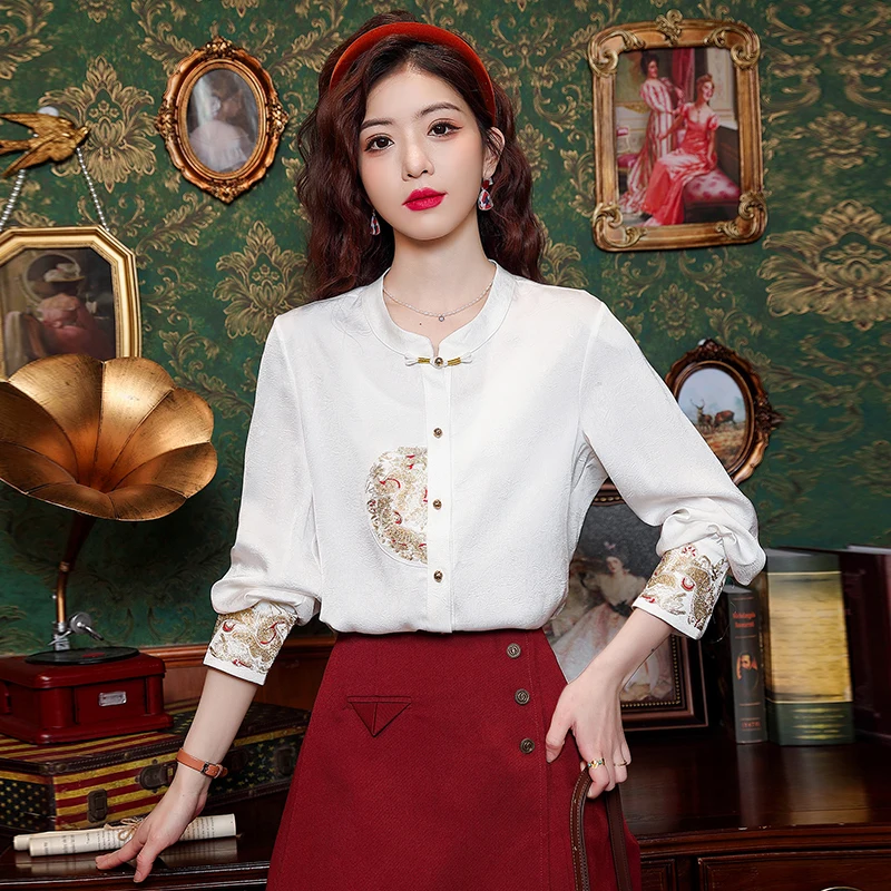 

Модная женская рубашка с длинным рукавом и воротником-стойкой, Повседневная шифоновая блузка с вышивкой, женские топы, модные женские рубашки 2024 J808