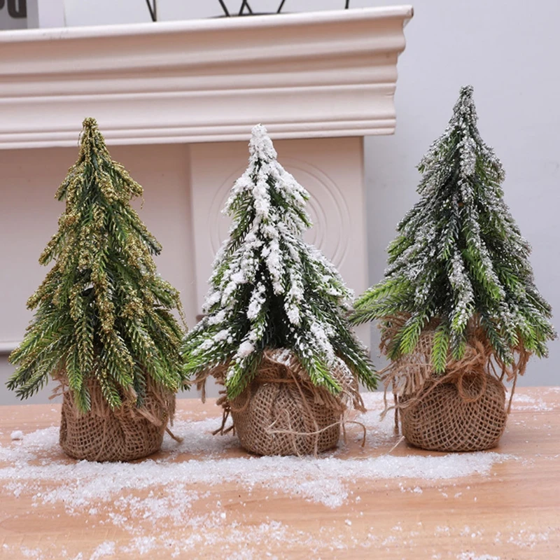 

Desktop Miniature Snow Pine Tree Mini Christmas Trees with Burlap Base Table Decor Winter Home Decorations M6CE