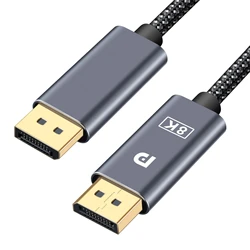 Premium 8K DisplayPort Cable with Gold Plated Connectors for High-Resolution Gaming and Dynamic HDR Support (6.6ft Drak Gray)