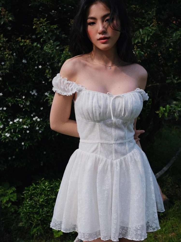 

Элегантное женское платье, привлекательное и милое Кружевное облегающее платье-трапеция с вырезом лодочкой, милое стильное белое мини-платье, женские платья