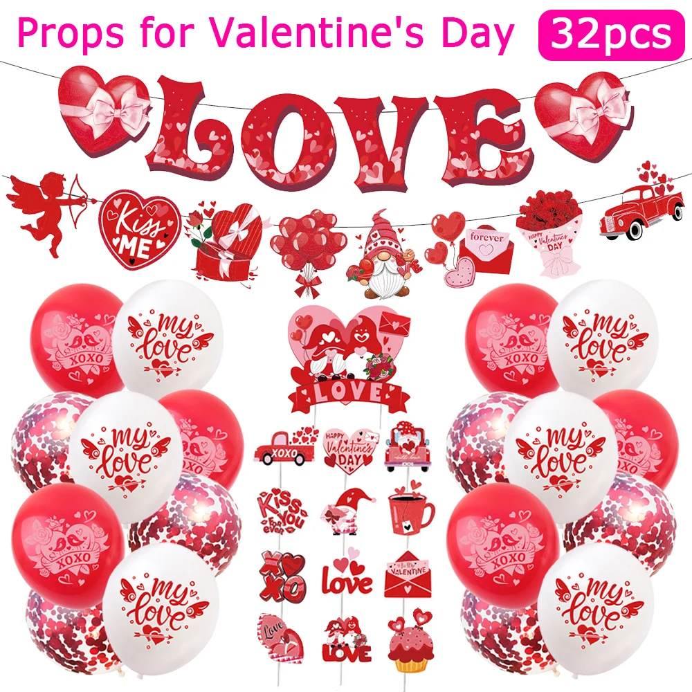

32Pcs/Set Valentine's Day Theme Party Decoration Paper Banner Balloons Cake Topper Props Anniversary Engagement Wedding Supplies