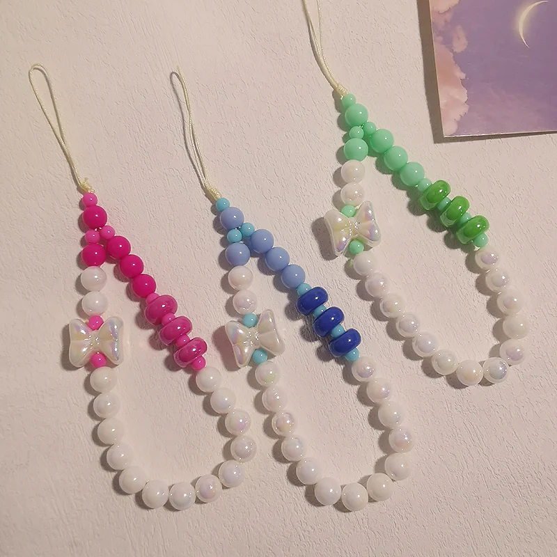 Mobile Phone Strap Short Wrist Bow Beaded Bracelet Candy Colored Bead Pendant Round Bead Pendant Universal Phone Ant