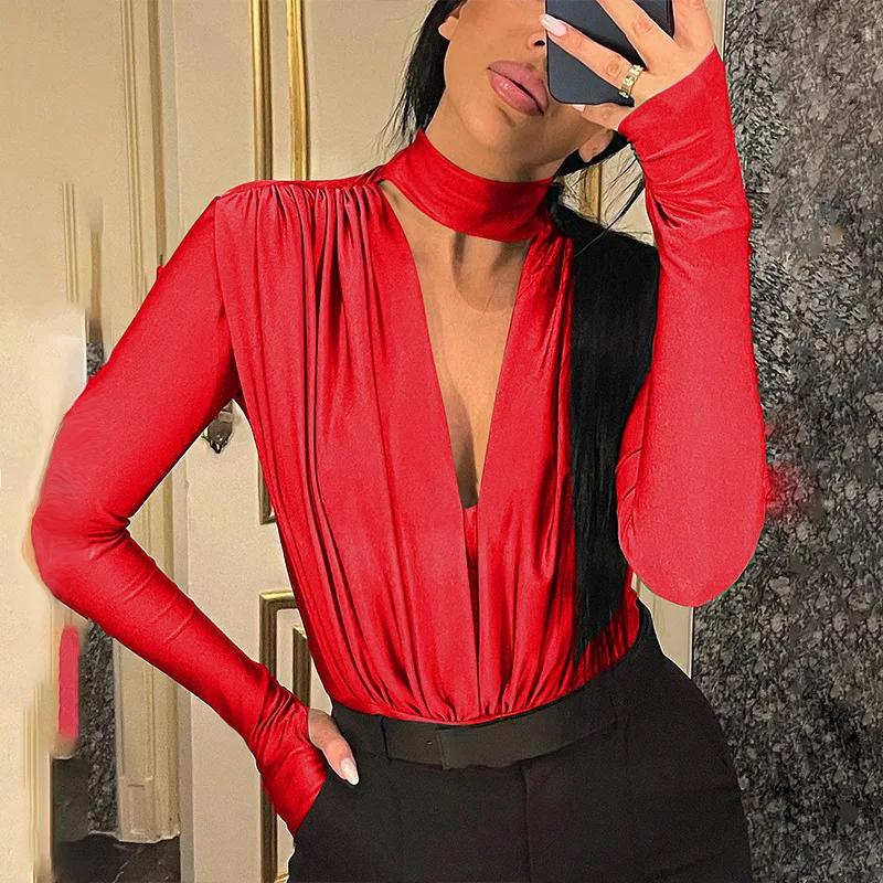 

Sexy V Neck Bodycon Short Jumpsuit Shirt Women Solid Slim OL Festivity Blouse Romper Stitching Long Sleeve Party Basic Outfits