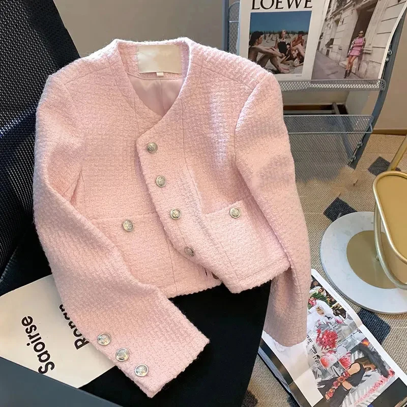 MEXZT Vintage Cropped Blazer Women Korean Short Tweed Jacket Office Lady Elegant Thicken Quilted Single Breasted Outerwear Tops main image 1