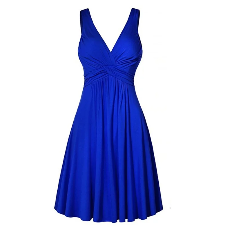 

2023 Summer Women Sundress Front Ruched Backless Sleeveless Deep V-Neck Slim Mini Dress Casual 4XL 5XL Blue Burgundy Clothes