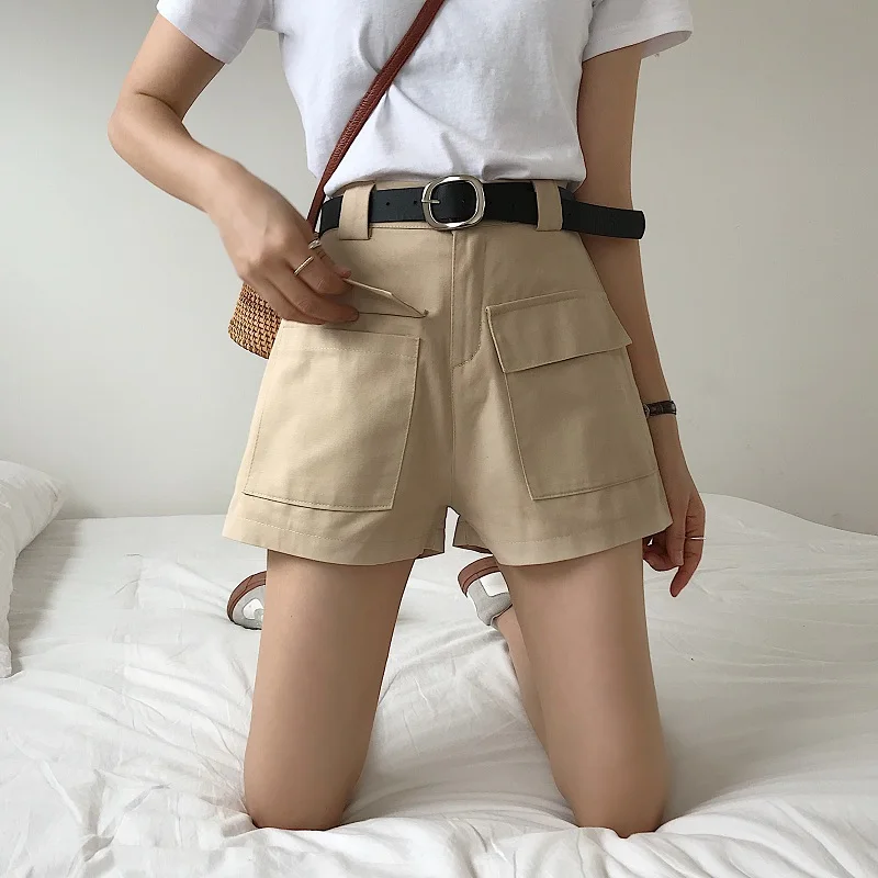 Spring New Korean Style Simple Flanging High Waist Slimming Denim Shorts Female Student All-Matching Straight Wide Leg Hot Pants compression shorts