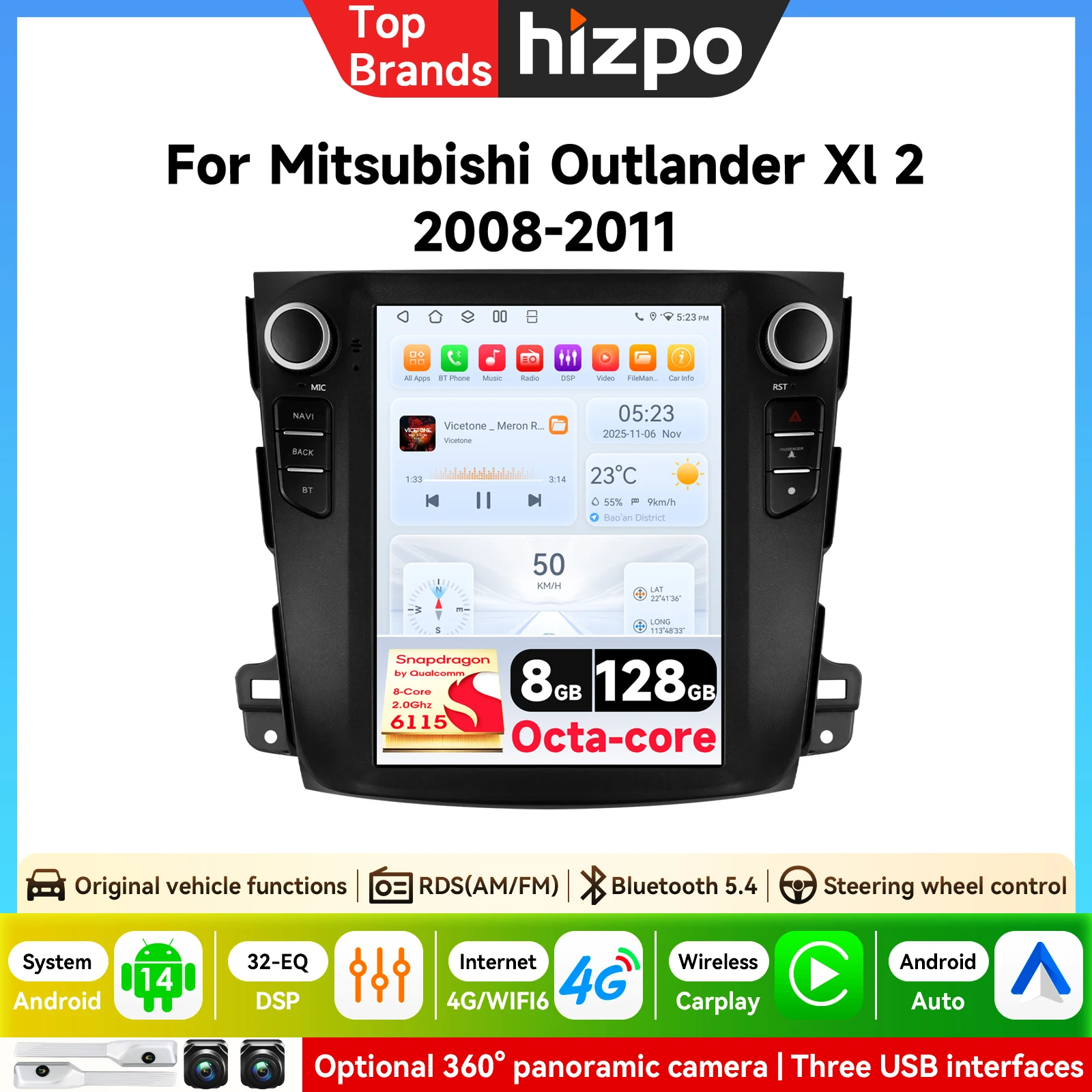 Radio para Auto de 9.7 Pulgadas para Mitsubishi Outlander XL 2 2008 2009 2010 2011, Navegación, Multimedia, Bluetooth Inalámbrico, Carplay, Pantalla QLED 1