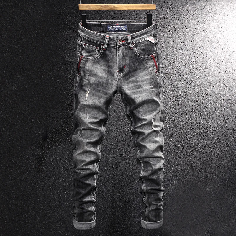 

Italian Style Fashion Men Jeans Retro Black Gray Elastic Slim Fit Ripped Jeans Men Trousers Vintage Designer Casual Denim Pants
