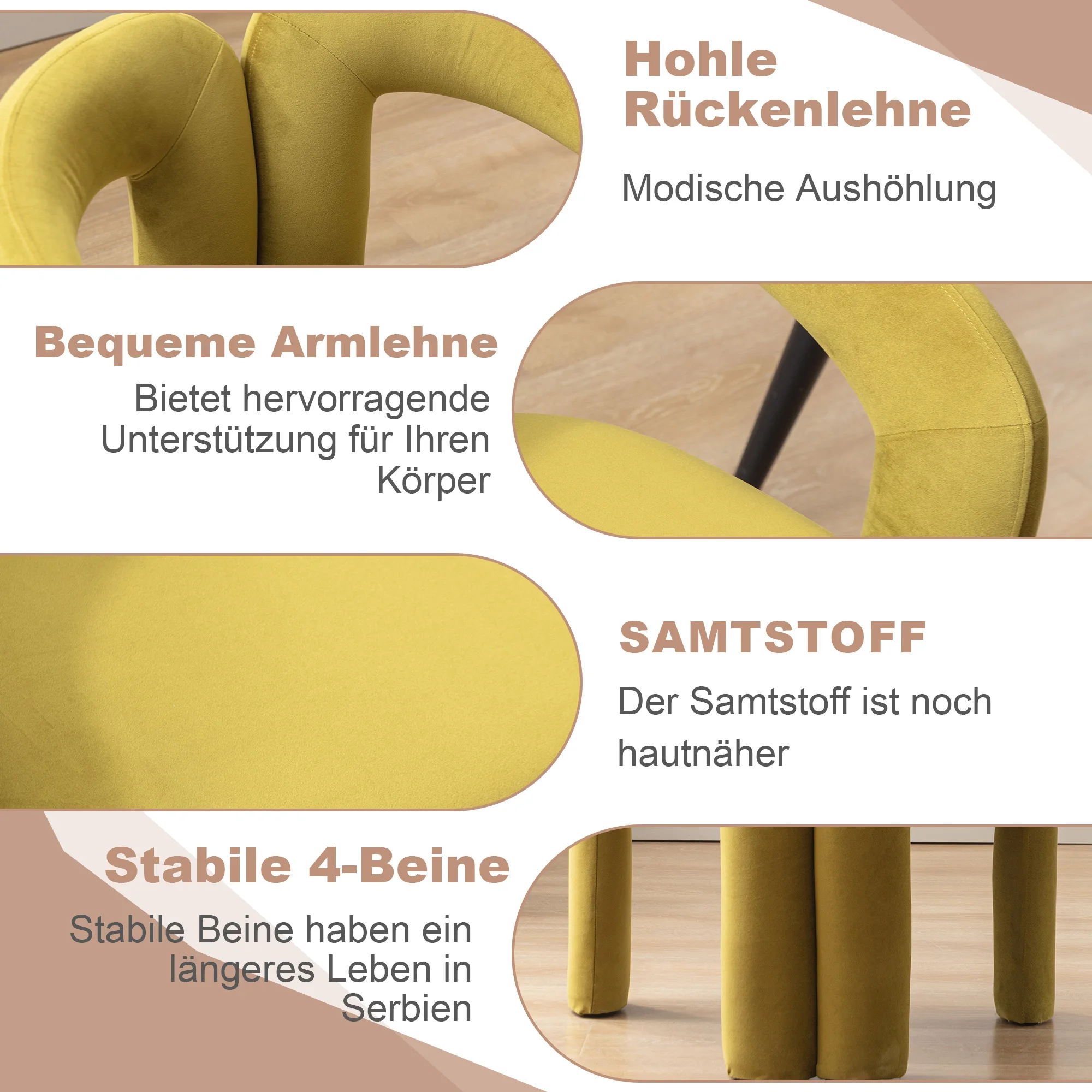 KOMHTOM Samt-Esszimmerstühle 2er-Set, Gepolsterte dekorative Stühle für Wohnzimmer/Küche, Freizeit-Sessel mit dekorativen Seiten – Detail 9