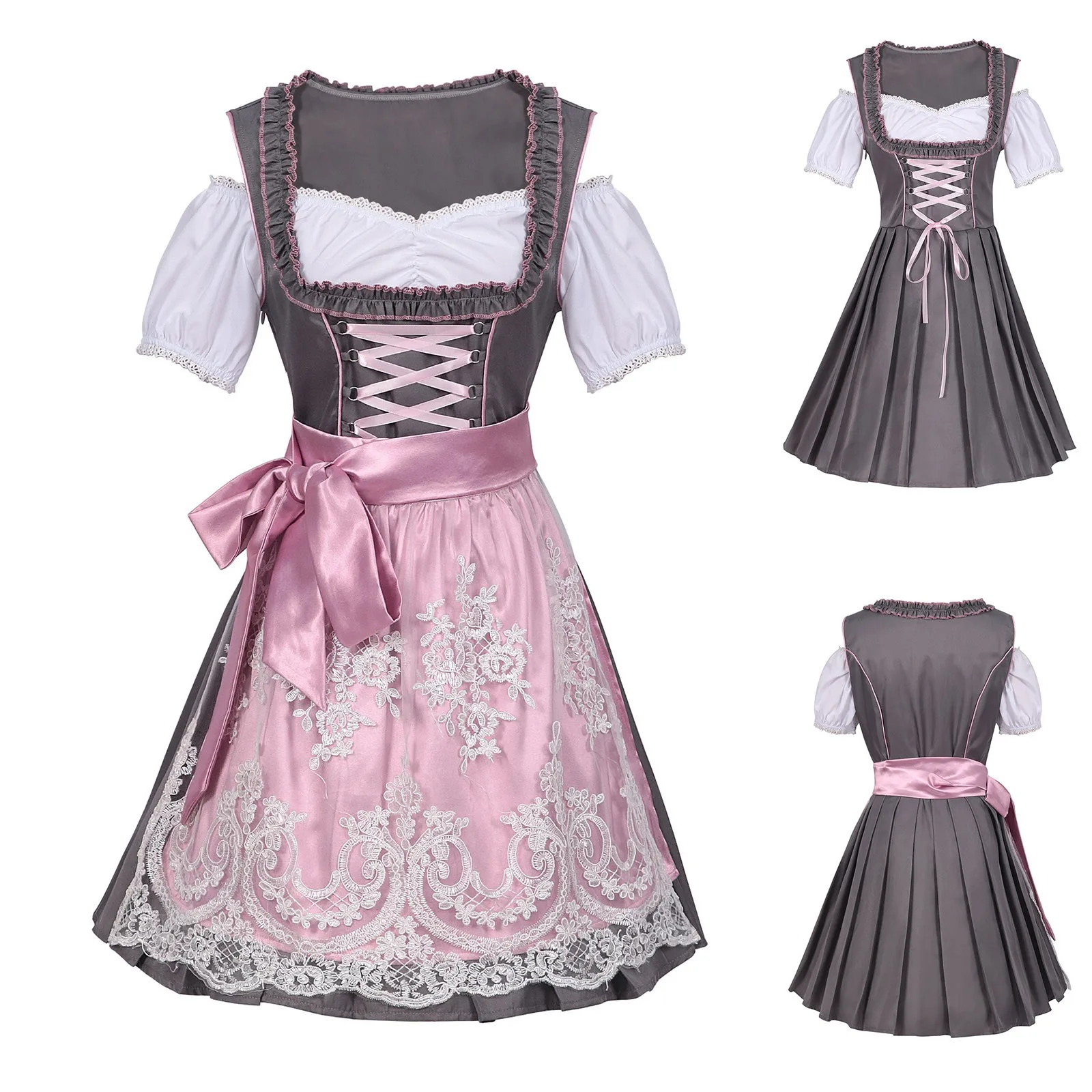 

Women Elegant Causal Traditional Dress Halloween Oktoberfest Costume Dresses Short Sleeve A Line Square Collar Sashes Sundress