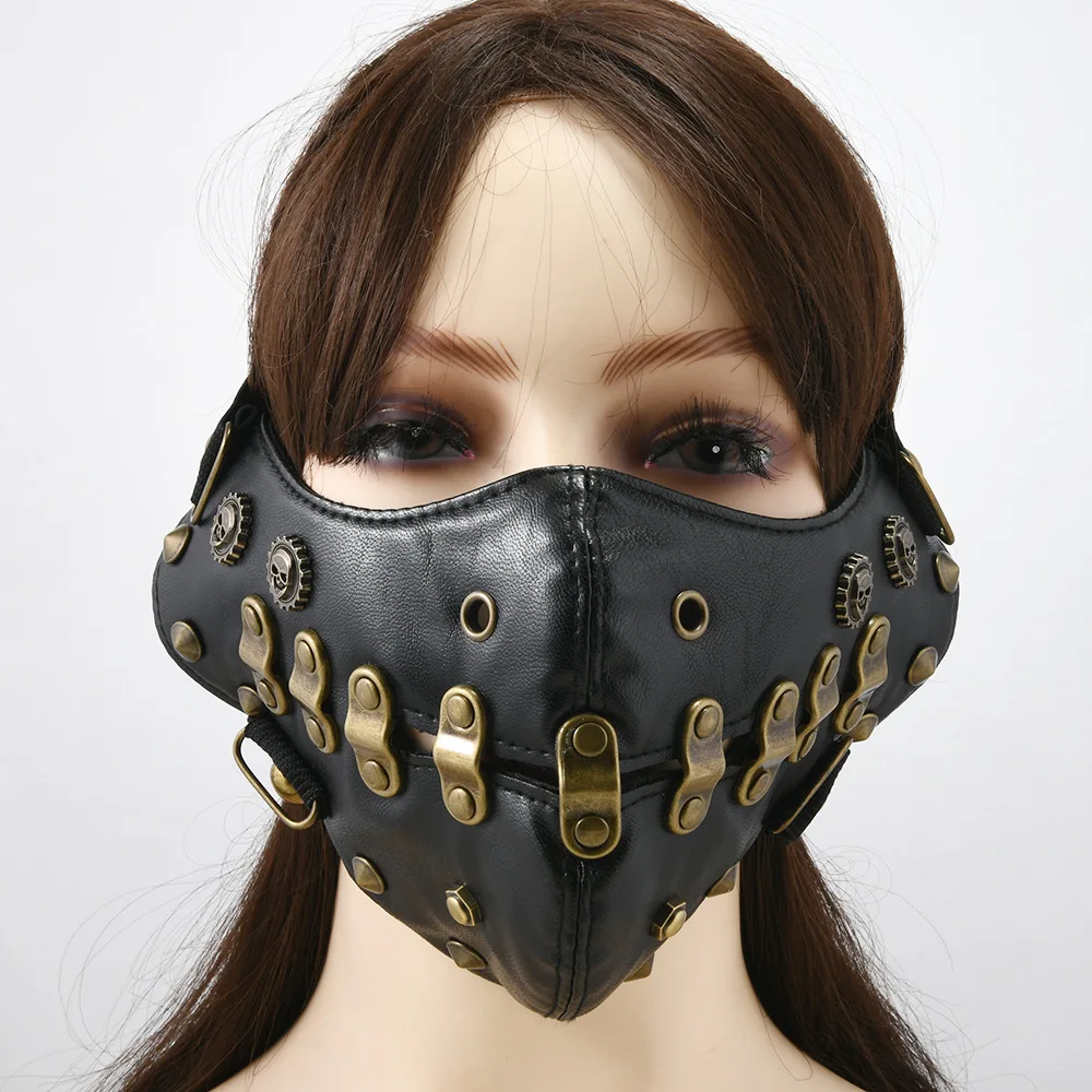 Men Women's Black PU Leather Rivet Rock Mask Lady's Breathable Party Cosplay Halloween Mouth-muffle R1578