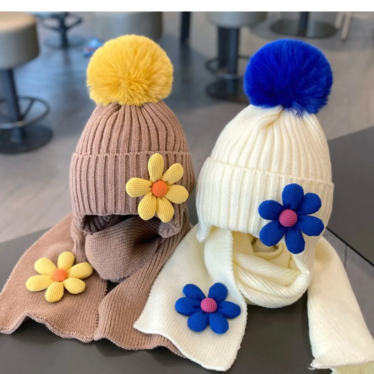 Cute Floral Children Hat Winter Soft Warm Knitted Girl Hats Beanie Solid Color Infant Toddler Cap Bonnet Kids Caps 1-5 Years Old