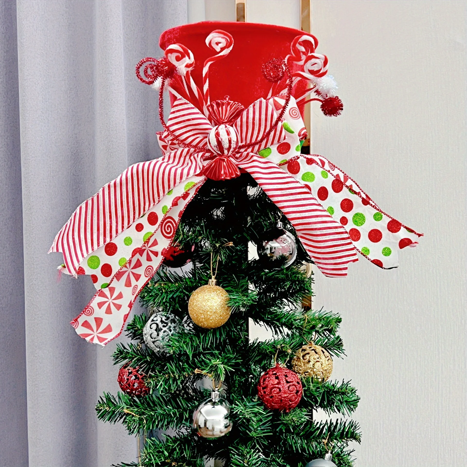 1PC Christmas Tree Decoration Hat with Bow and Ribbon Decorations, Christmas Atmosphere Decoration Props, Christmas Gifts