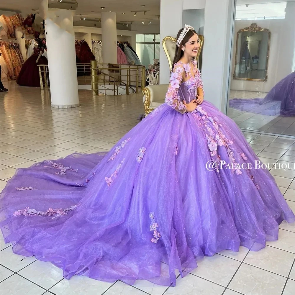 

Lorencia Mexican Lilac Quinceanera Dress Ball Gown Long Sleeve Applique 3D Flower Beading Sweet 16 Vestidos De 15 Años YQD654